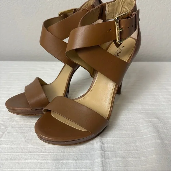Michael Kors Brown Leather Strappy Stiletto Heels gold hardware - Picture 4 of 16